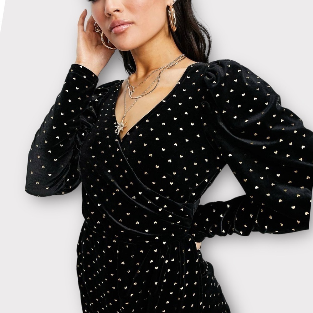 Saint Genies Heart Print Velvet Faux Wrap Mini Dress Black and Gold NWT - Picture 13 of 14